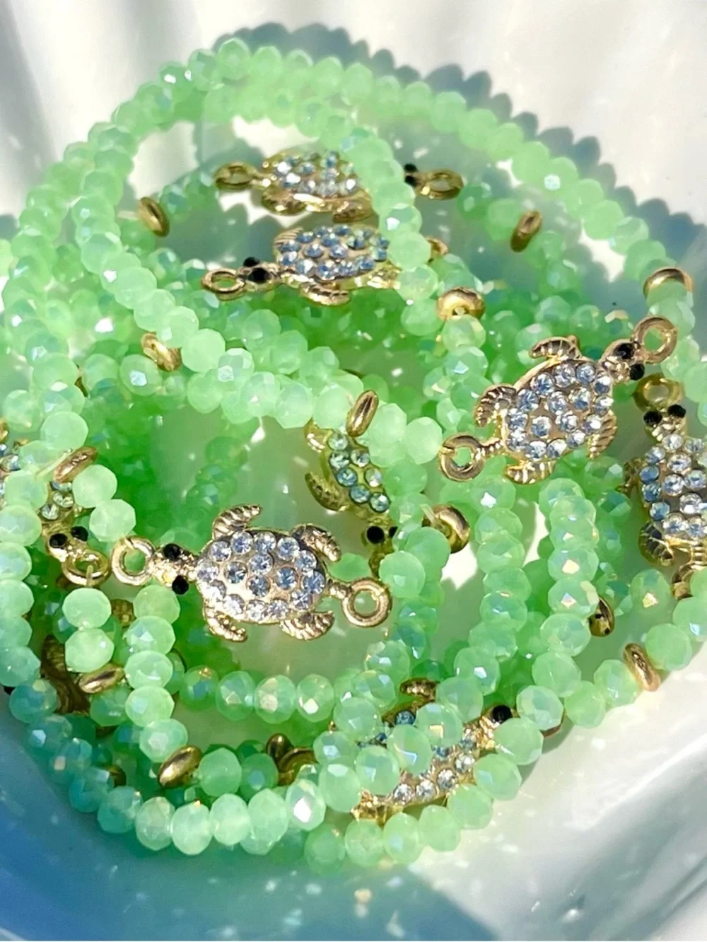 Green Glass Turtle Charm Bracelet NWOT